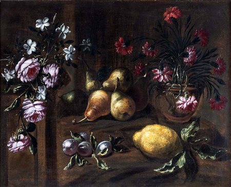 Simone del Tintore (Lucca 1630 - Lucca 1708) Natura morta con fiori, pere,...