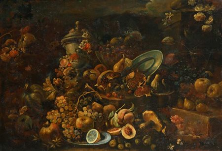 Pittore del XVIII secolo Natura morta di fiori e frutta olio su tela cm...