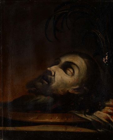 Pittore del XVII secolo Testa di San Giovanni Battista olio su tela applicata...