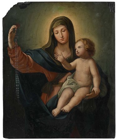 Scuola Emiliana del XVII secolo Madonna del Rosario col Bambino Gesù Olio su...