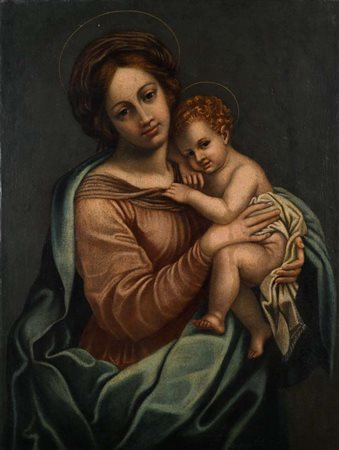 Pittore del XVII secolo Madonna col Bambino olio su tela 86,5x65,5 - con...