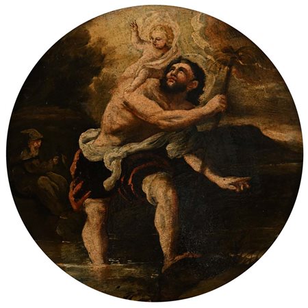 Pittore della fine del XVIII secolo San Cristoforo col Bambino olio su tavola...