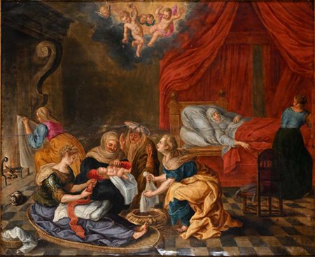 Pittore del XVIII secolo La nascita della Vergine olio su rame cm 69x86 - con...