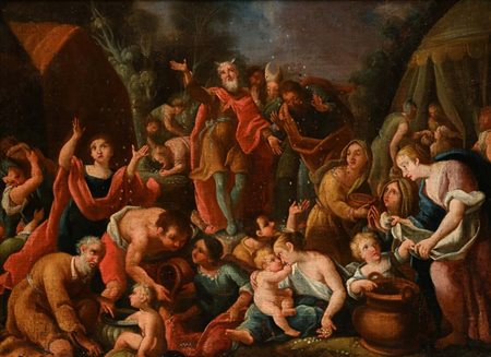 Pittore del XVIII secolo La caduta della manna olio su tela cm 49x65 - con...