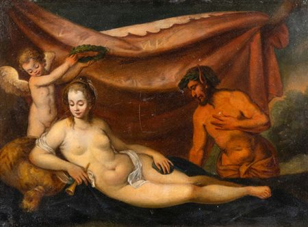 Pittore del XVIII secolo Venere con amorino e satiro olio su rame cm...