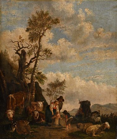 Scuola Romana del XVIII secolo () Scena di campagna olio su tavola cm 36,5 x...