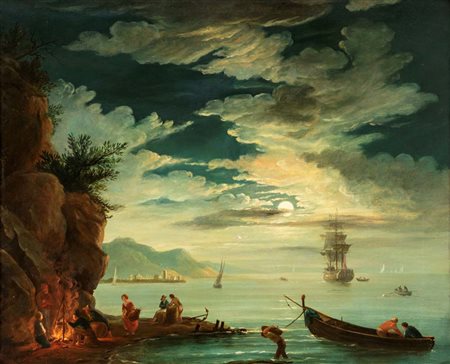Pittore francese del XIX secolo () Sosta di pescatori al chiaro di luna olio...
