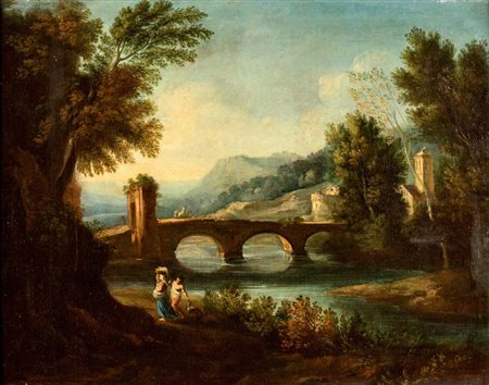 Pittore della fine del XVIII secolo () Paesaggio con fiume e ponte olio su...