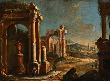 Pittore del XVIII secolo () Capriccio architettonico con figure e rovine...