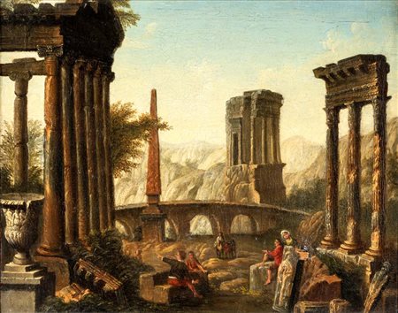 Scuola Romana del XVIII secolo () Capriccio con rovine classiche e figure...