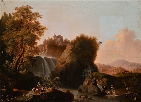 Pittore del XIX secolo () Paesaggio con cascate olio su tela cm 75x100 - con...