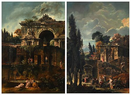 Scuola romana del XIX secolo () Coppia di paesaggi con rovine classiche olio...