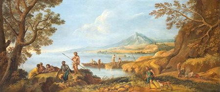 Pittore del XVIII secolo () Paesaggio con pescatori olio su tela cm 72x170 -...