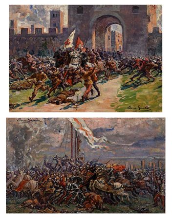 Vittorio Emanuele Giunti (Siena 1894 - Siena 1964) Coppia di battaglie olio...