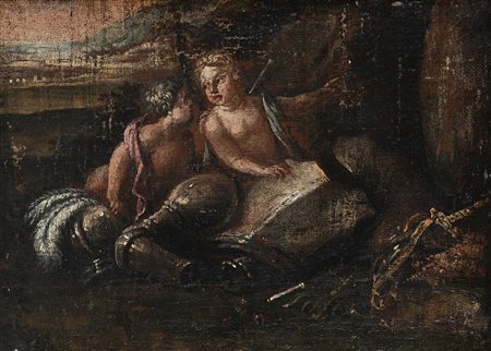 Scuola italiana del XVIII secolo () Due putti e armature olio su tela cm 22 x...