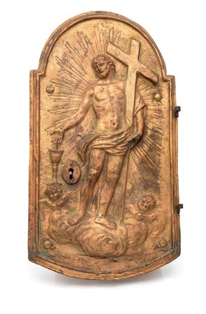 Sportello di tabernacolo in metallo sbalzato e dorato, XIX secolo cm 39x21 di...