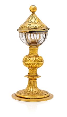 Piccolo ostensorio in rame dorato, XVIII secolo altezza cm 21,5 con coppa in...