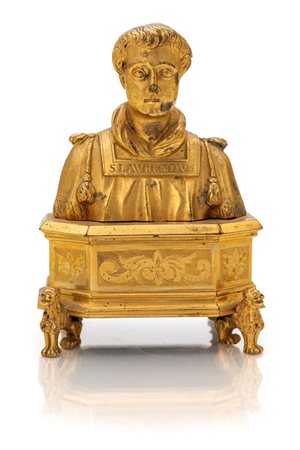 Piccolo busto reliquiario di San Lorenzo in bronzo dorato, XVII secolo cm...