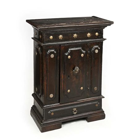 Credenzino in legno dipinto con borchie e testina in bronzo, Bologna, XVII...