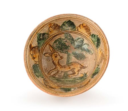 Antica coppetta in terracotta graffita e dipinta, Emilia Romagna, XVI secolo...