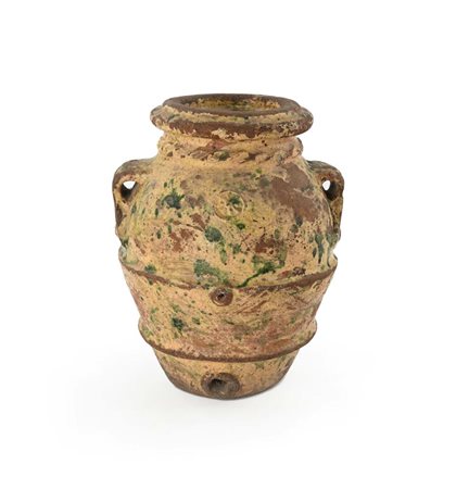 Piccolo orcio in terracotta a macchie verdi su fondo giallo, XIX secolo...