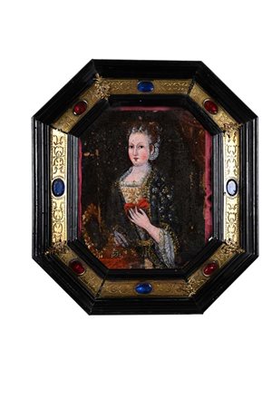 Cornice ottagonale in legno ebanizzato con finiture in rame dorato e gemme,...