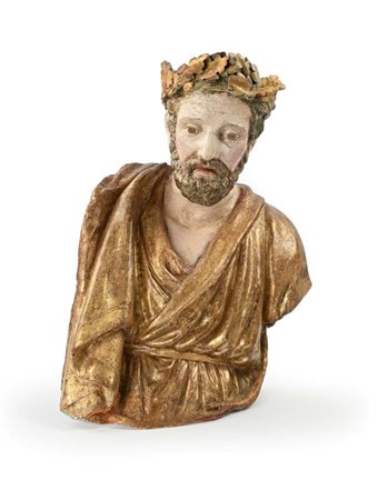Busto di Giove in legno e cartapesta laccata e dorata, Italia settentrionale,...