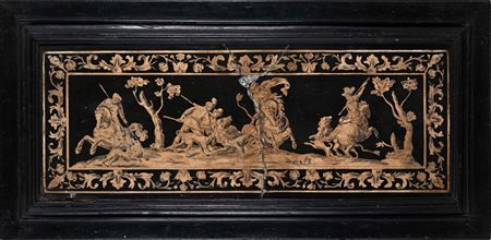 Pannello rettangolare in scagliola, Emilia, XVII secolo, in cornice cm 28x74...