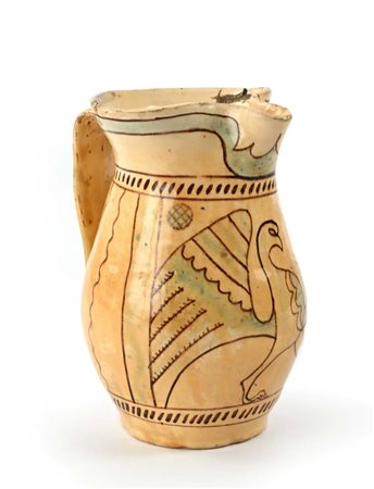 Cannata in maiolica con uccello stilizzato, Faenza, XIX secolo altezza cm 18...