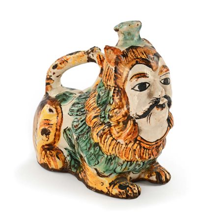 Fiasca "askos" in maiolica policroma, Ariano Irpino, XIX secolo cm 19x18x8,5...