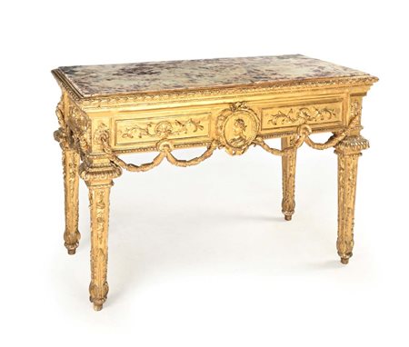 Console in legno intagliato e dorato con piano in marmo, Genova, fine del...