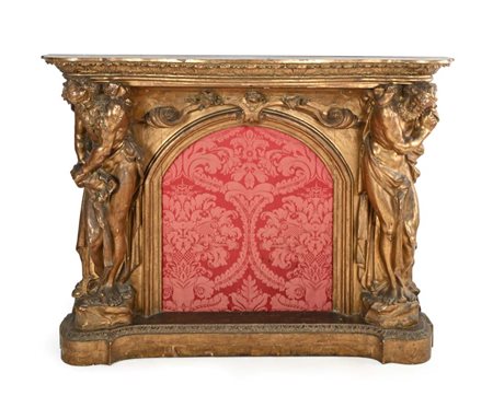 Grande mostra di camino barocca in legno scolpito, intagliato e dorato alla...