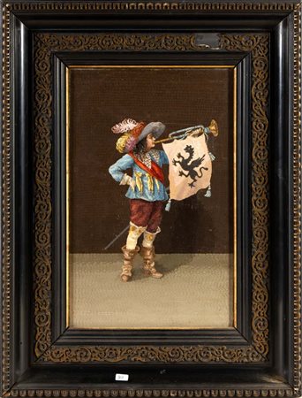 Moschettiere con chiarina da cui pende un vessillo con grifone cm 35x23 - in...