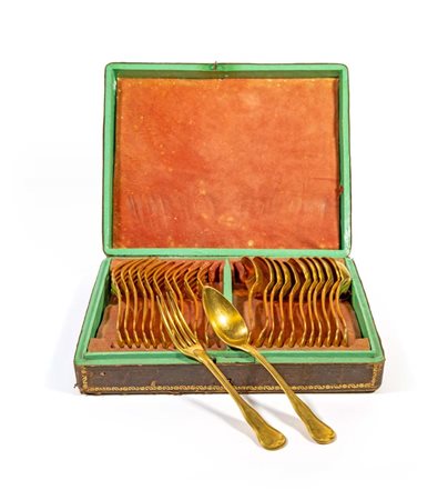 Servizio di posate da dolce in metallo dorato, entro scatola cucchiaio cm 19,...