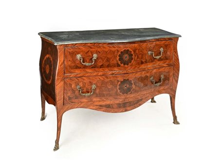 Cassettone intarsiato con piano in marmo grigio, Napoli, XVIII secolo cm...