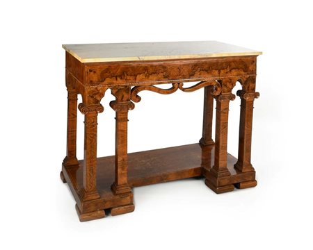 Console Carlo X in radica di noce con intarsi in legno di frutto, Napoli,...
