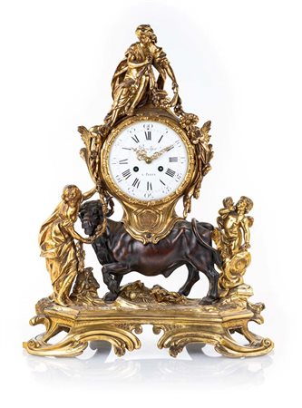 Orologio da camino in bronzo dorato e brunito, Francia, prima metà del XIX...