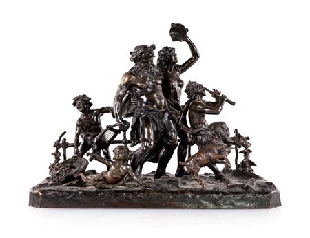 Baccanale con satiro e fanciulla, putti, Pan e una capretta cm 41x52x26 Firma...