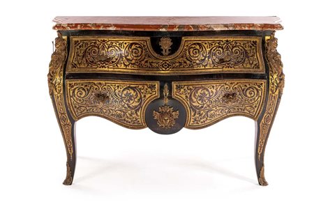 Cassettone Boulle con piano sagomato in marmo rosso, Francia, XIX secolo cm...