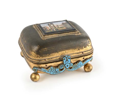 Cofanetto portagioie in metallo con placchetta musiva, XIX secolo cm 6x10x9 -...