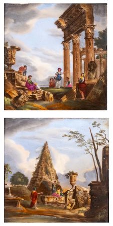 a) Capriccio architettonico con piramide Cestia e figure b) Capriccio...