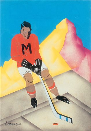Ivanhoe Gambini (Busto Arsizio 1904 - 1992) Giocatore di hockey, 1931;Tempera...