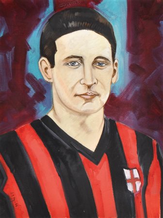 A M. Greggio (?) Calciatore milanista, 1988;Olio su cartone, 67 x 47 cm, in...
