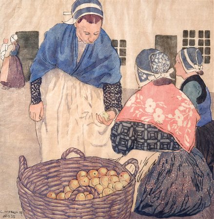Carl Moser (Bozen/Bolzano 1873 - 1939) Scena di mercato bretone,...