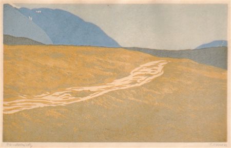 Franz Helmer (Lienz 1909 - Innsbruck 1990) Paesaggio;Linoleografia a colori,...