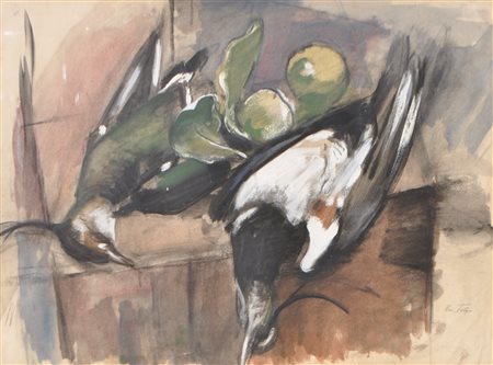 Emanuel Fohn Natura morta con due fagiani;Tecnica mista su carta, 43,5 x 48,5...