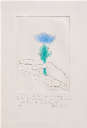 Rudi Wach (Hall in Tirol 1934) Il fiore blu, 1985;Acquaforte colorata a mano,...