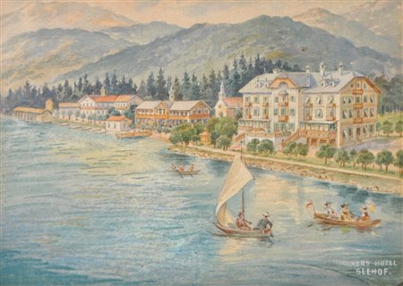 A. Ringler Hotel Seehof, lago Achensee, 1904;Acquerello per il manifesto "Der...