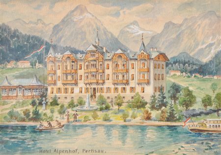 A. Ringler Hotel Alpenhof, Pertisau, lago Achensee, 1904;Acquerello per il...
