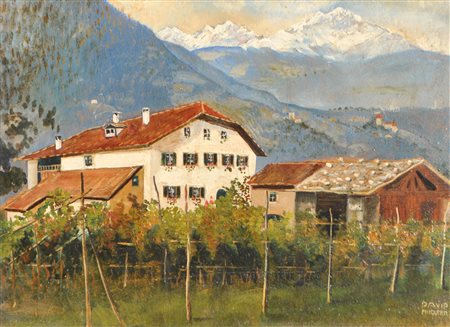 David Pinggera Paesaggio di Merano;Olio su cartone, 24,5 x 33,5 cm, in...